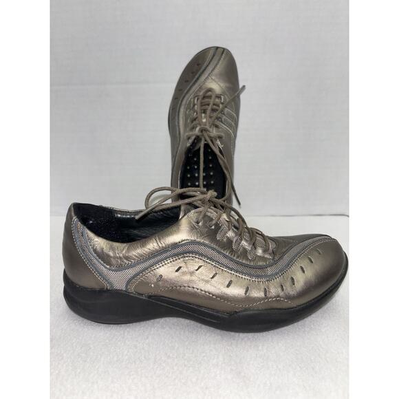 6M CLARKS Wave Walk Pewter Leather Shoes Lace Up Metallic Comfort 87822 Womens - Picture 4 of 13
